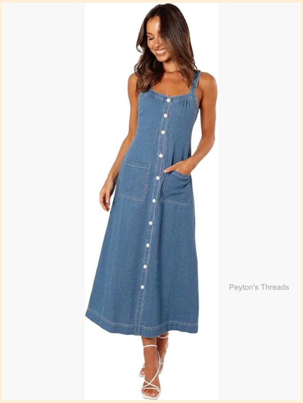 Midi Length Square Neck A-Line Dress with Adjustable Straps - Picture 1 of 7